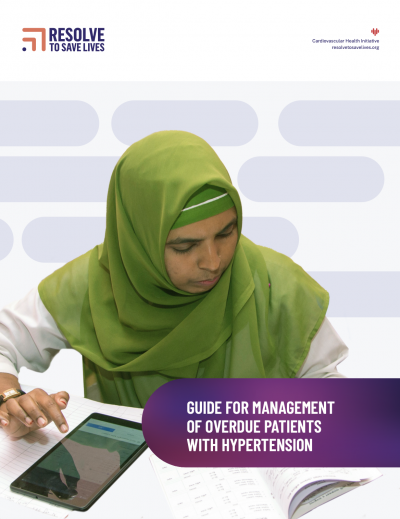 cover photo for the document titled Guide to management of overdue patients with hypertension showing a woman with a green headdress using a digital device